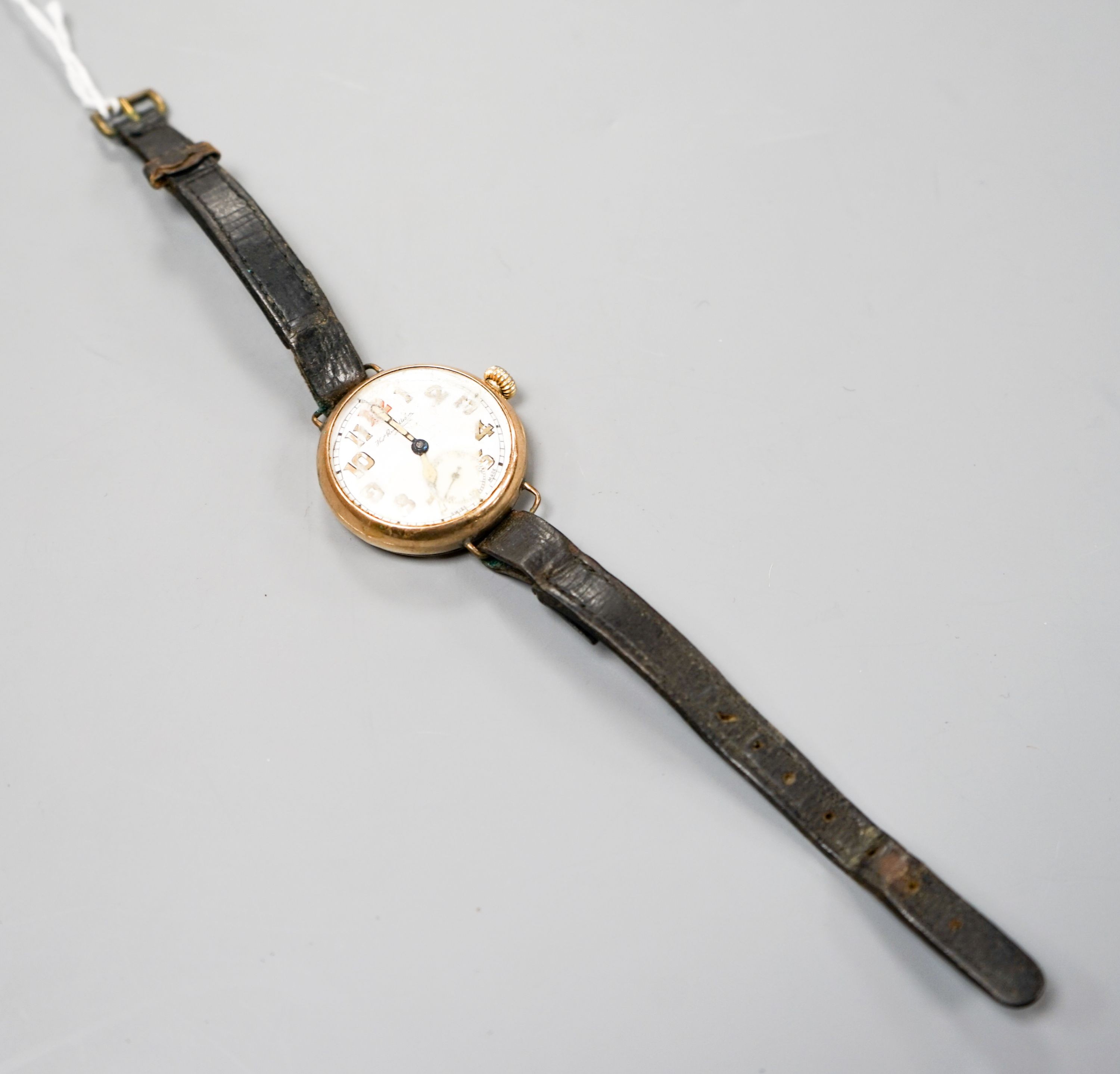 A gentleman's 9ct gold manual wind wrist watch, a.f. gross weight 29.7 grams.
